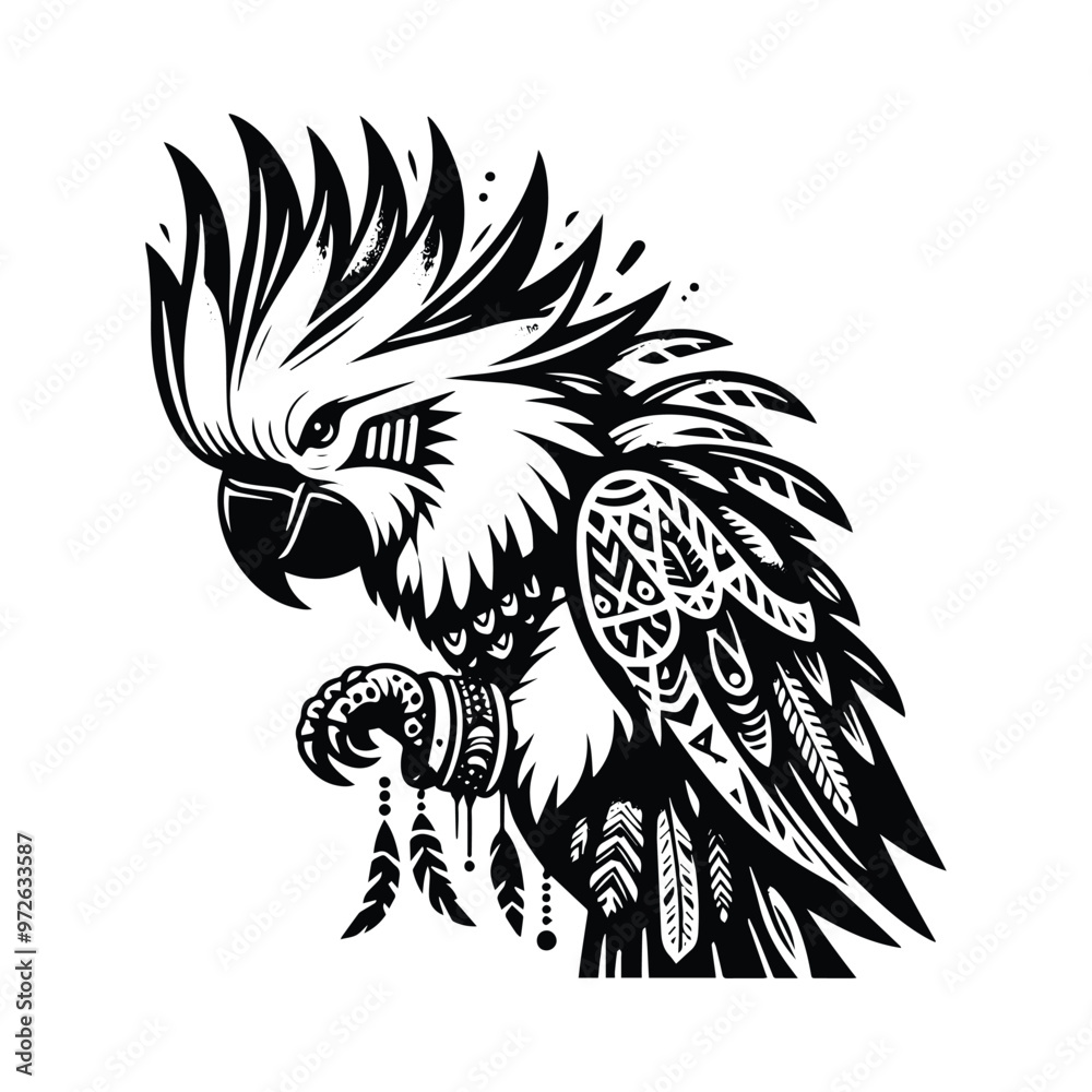 Obraz premium Cockatoo bird in bohemian black and white silhouette illustration