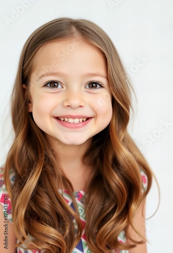 a close up of a young girl with long hair smiling.