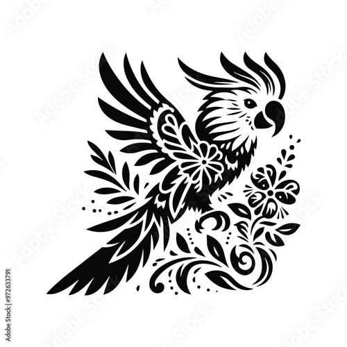 Cockatoo bird in folk art black and white silhouette illustration