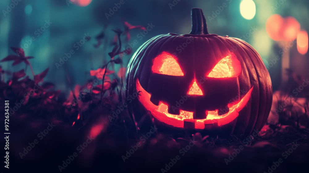 Fototapeta premium A glowing Halloween pumpkin with carved face sits amidst dark foliage, creating spooky atmosphere perfect for festive season