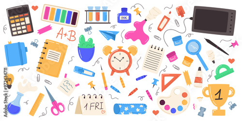 School icon. Book and stationery, different tool, notebook and bag, pen and pencil, chalkboard. Kid sticker cute. Science background, study children. Element education student vector doodle garish set