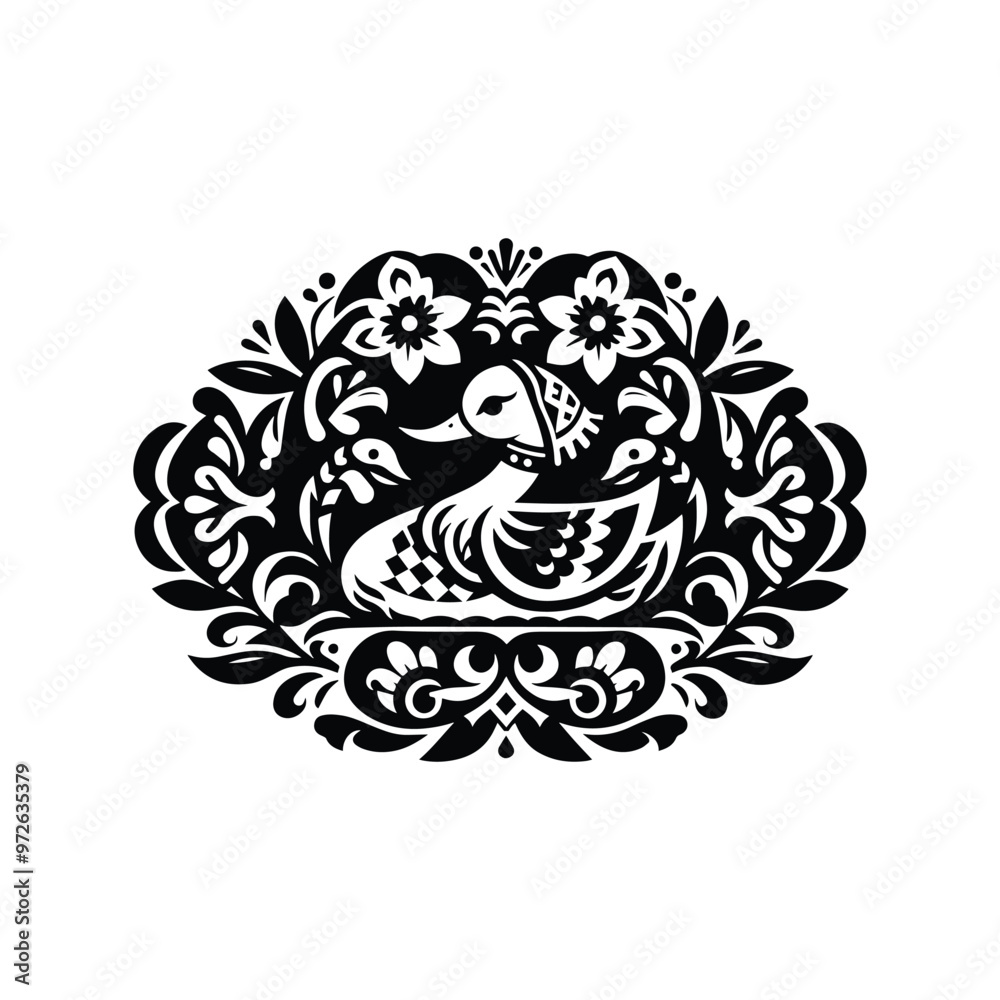 Duck bird in folk art black and white silhouette illustration Duck bird in folk art black and white silhouette illustration