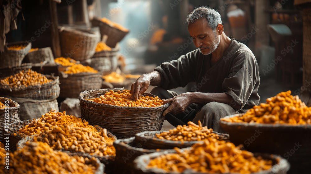 A dedicated man sorts vibrant turmeric in a busy morning market A dedicated man sorts vibrant turmeric in a busy morning market
