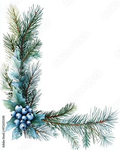 Greeting card and invitation design based on watercolor Christmas background showing fir branches with berries.