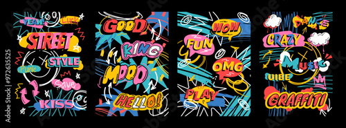 Streetwear poster. Merch art. Tee street sketch. T-shirt print. Graffiti mural drawing. Graphic typography. Marker doodles. Expression phrases. Abstract fashion design. Vector garish templates set