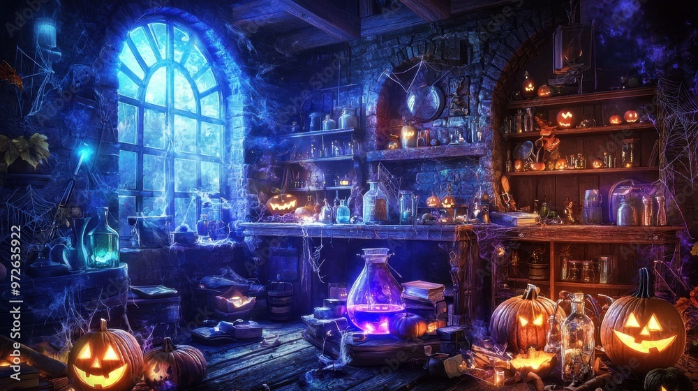 Obraz premium Create a Halloween witch's potion room filled with eerie decor items and glowing ingredients 50 keywords