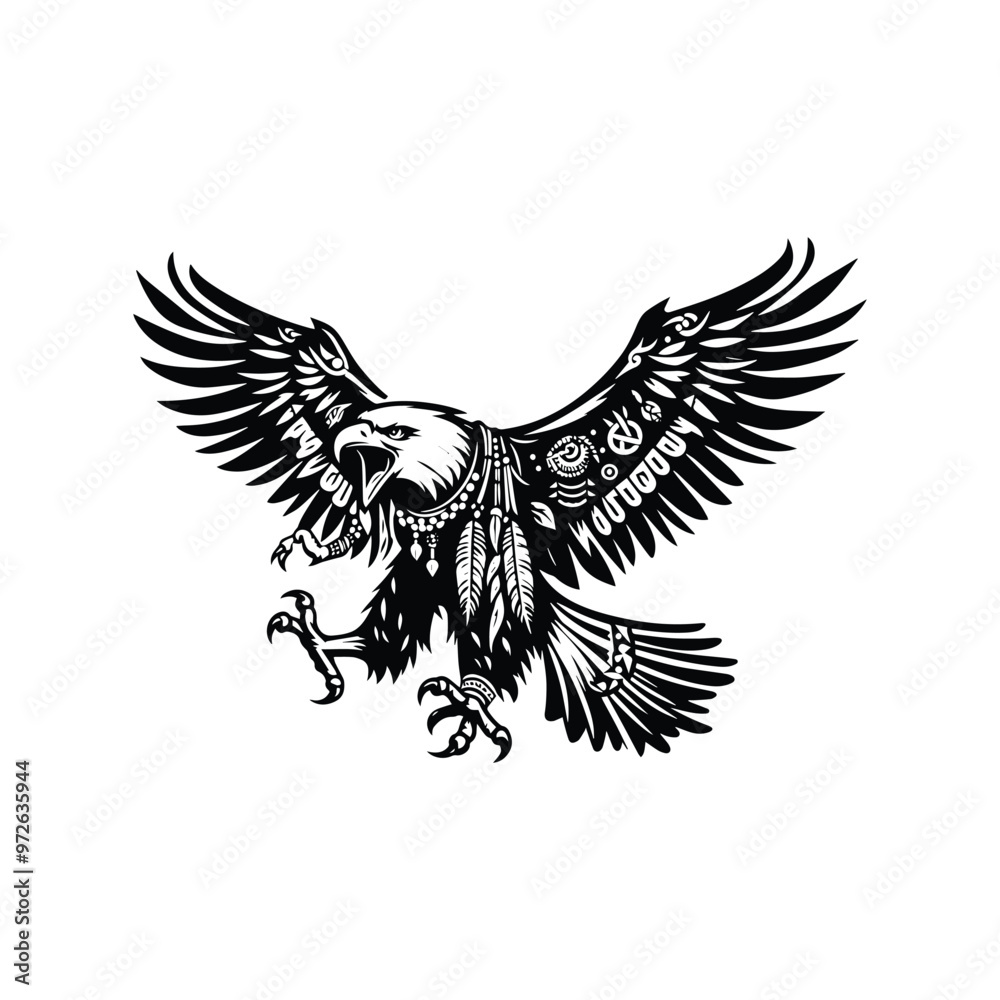 Obraz premium Eagle bird in bohemian black and white silhouette illustration