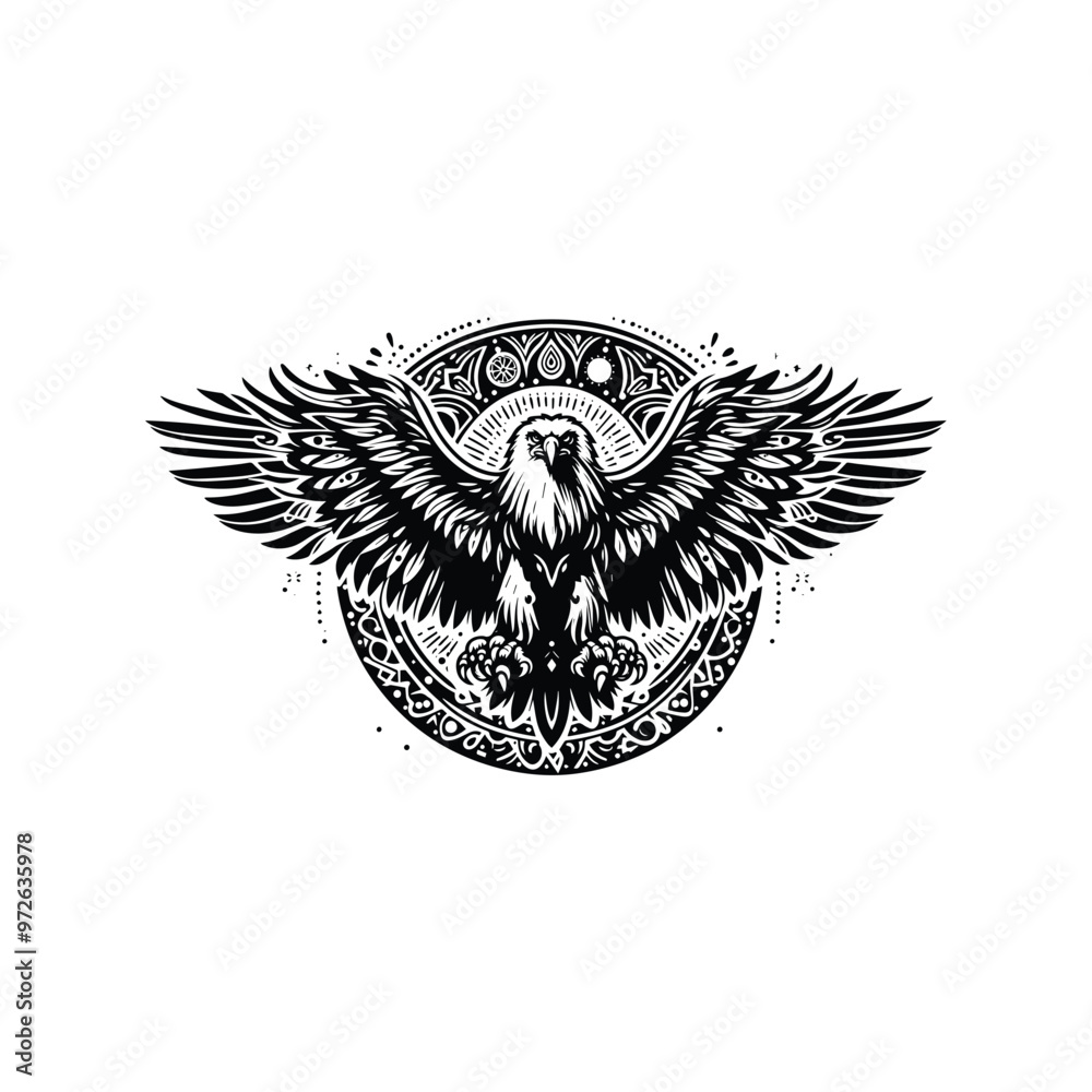 Fototapeta premium Eagle bird in bohemian black and white silhouette illustration