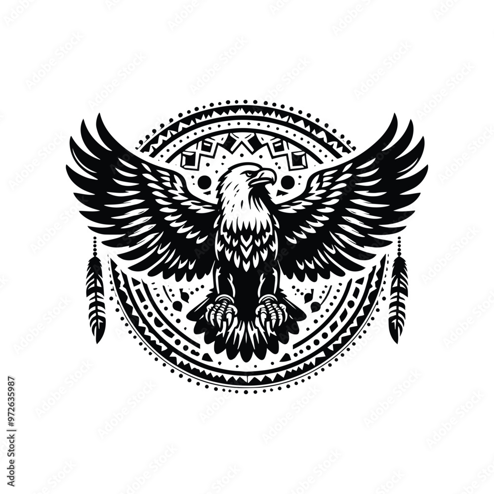 Fototapeta premium Eagle bird in bohemian black and white silhouette illustration