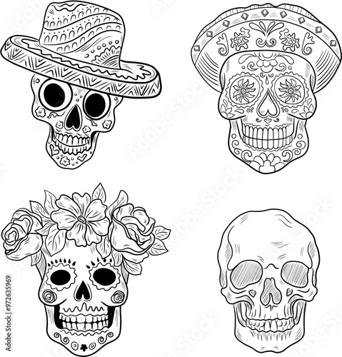 Vector set of sugar skulls. Hand drawn Cinco de Mayo illustration. Halloween outlines