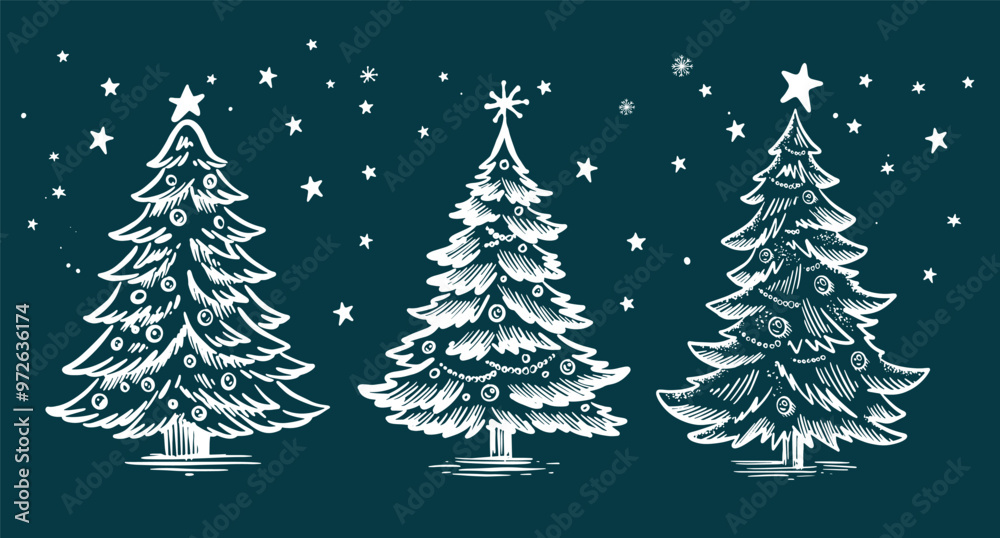 Christmas tree on blue background with snow hand drawn illustration
Christmas tree on blue background with snow hand drawn illustration