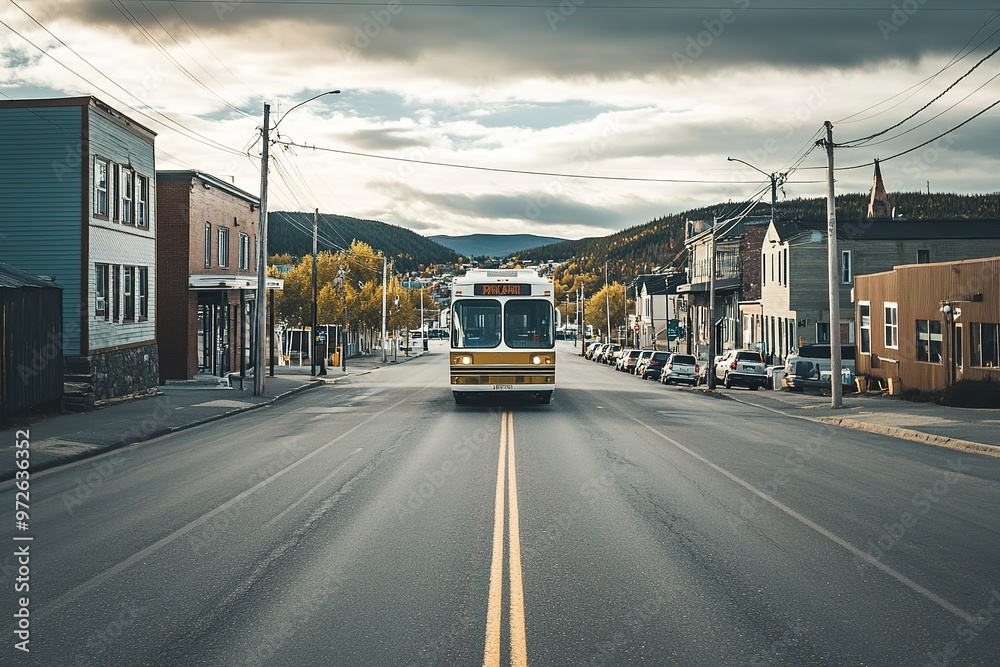 Obraz premium School bus on empty street in quaint town with mountains in back