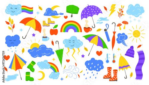 Rainy season. Weather sticker. Rain water drops. Monsoon and thunderstorm. Sky sun and rainbow. Flat umbrella under raindrops. Autumn boot in puddle. Cloud faces. Hat with scarf. Vector garish set