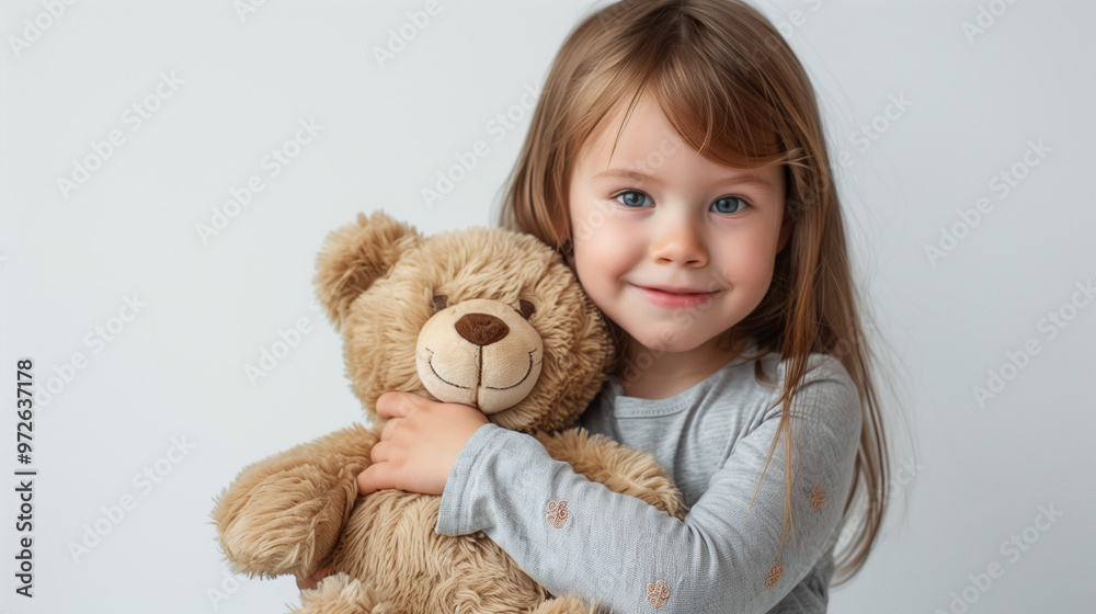 Little Girl Holding Teddy Bear, Smiling and Posing Little Girl Holding Teddy Bear, Smiling and Posing