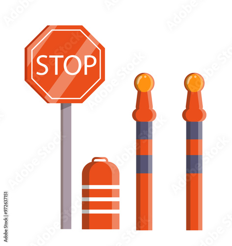 Road barrier concept. Stop sign near lights. Traffic regulations, construction industry. Sticker for social networks and messengers. Flat vector illustration isolated on white background
