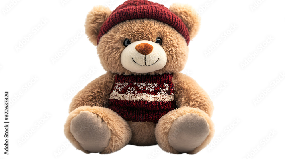 a teddy bear wearing a red hat and sweater