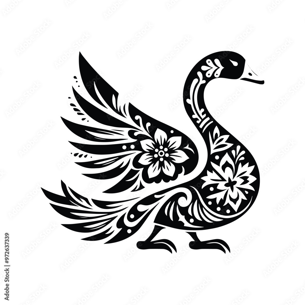 Naklejka premium Goose bird in folk art black and white silhouette illustration