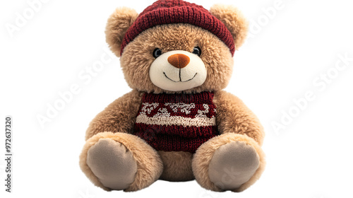 a teddy bear wearing a red hat and sweater