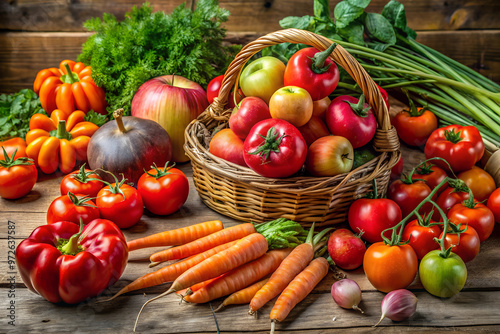 An assortment of vibrant, freshly harvested vegetables and fruits, such as tomatoes, carrots, and apples, displayed on a wooden farm table with a natural, organic feel.