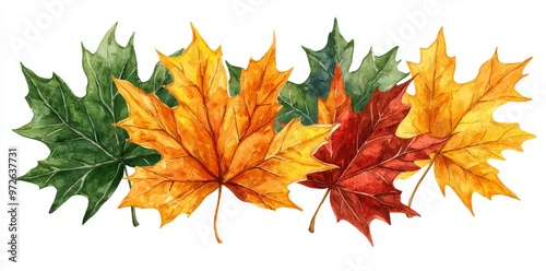 Maple leaves in autumn, watercolor illustration set.