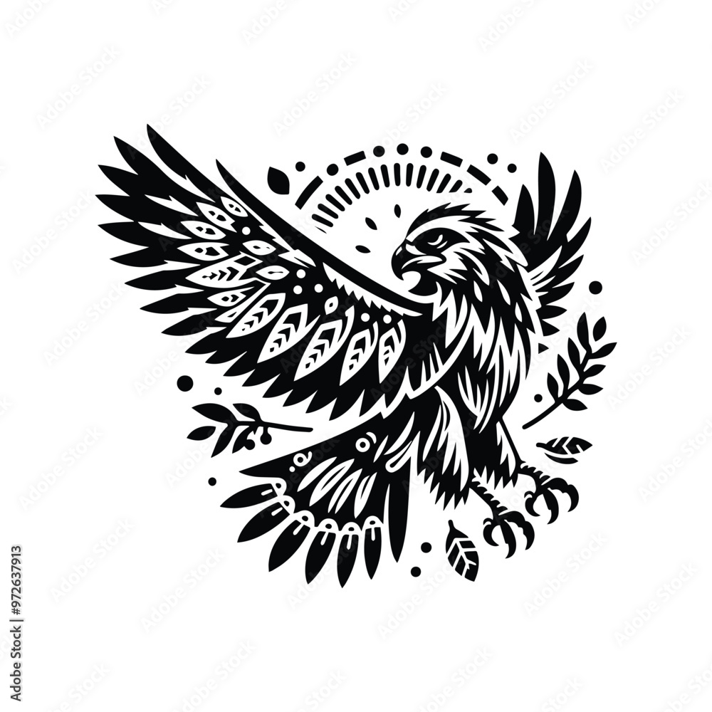 Obraz premium Hawk bird in bohemian black and white silhouette illustration