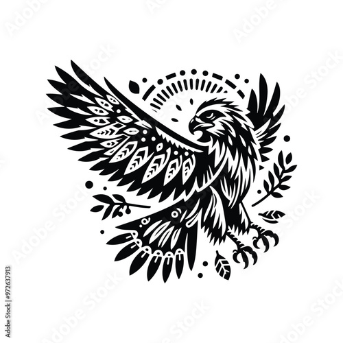 Hawk bird in bohemian black and white silhouette illustration