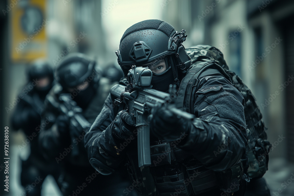 Tactical team members in dark gear conducting an operation in a rainy urban environment Tactical team members in dark gear conducting an operation in a rainy urban environment