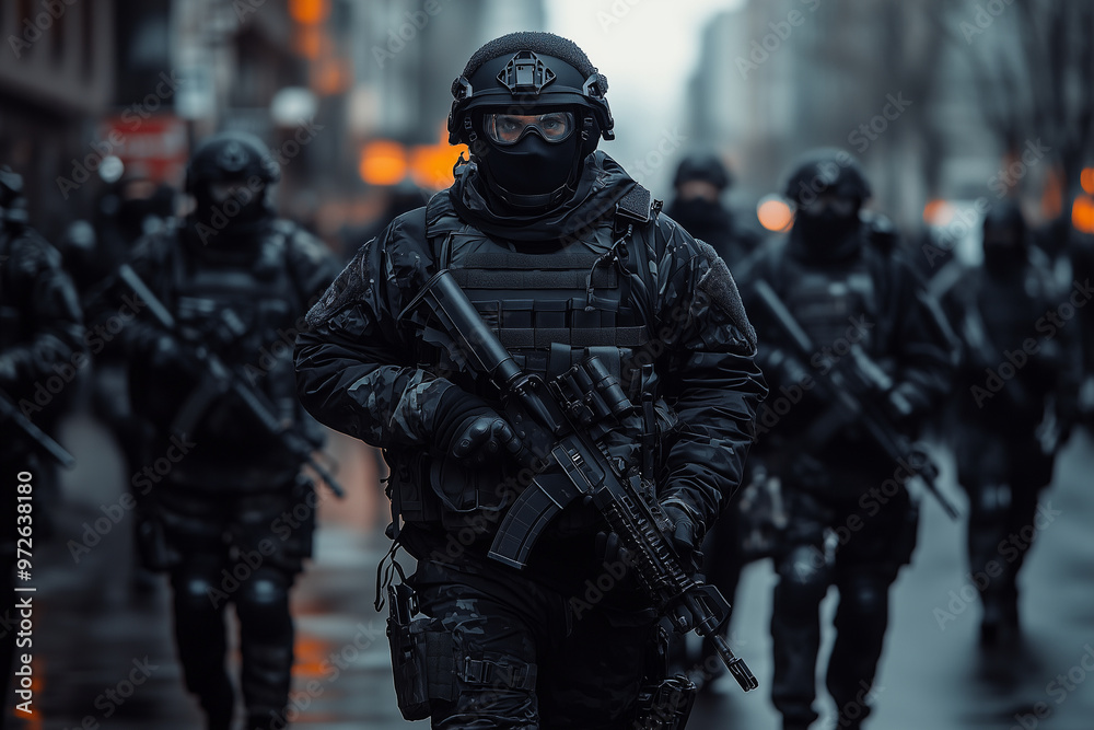 Tactical team in urban settings ready for action during a night operation Tactical team in urban settings ready for action during a night operation