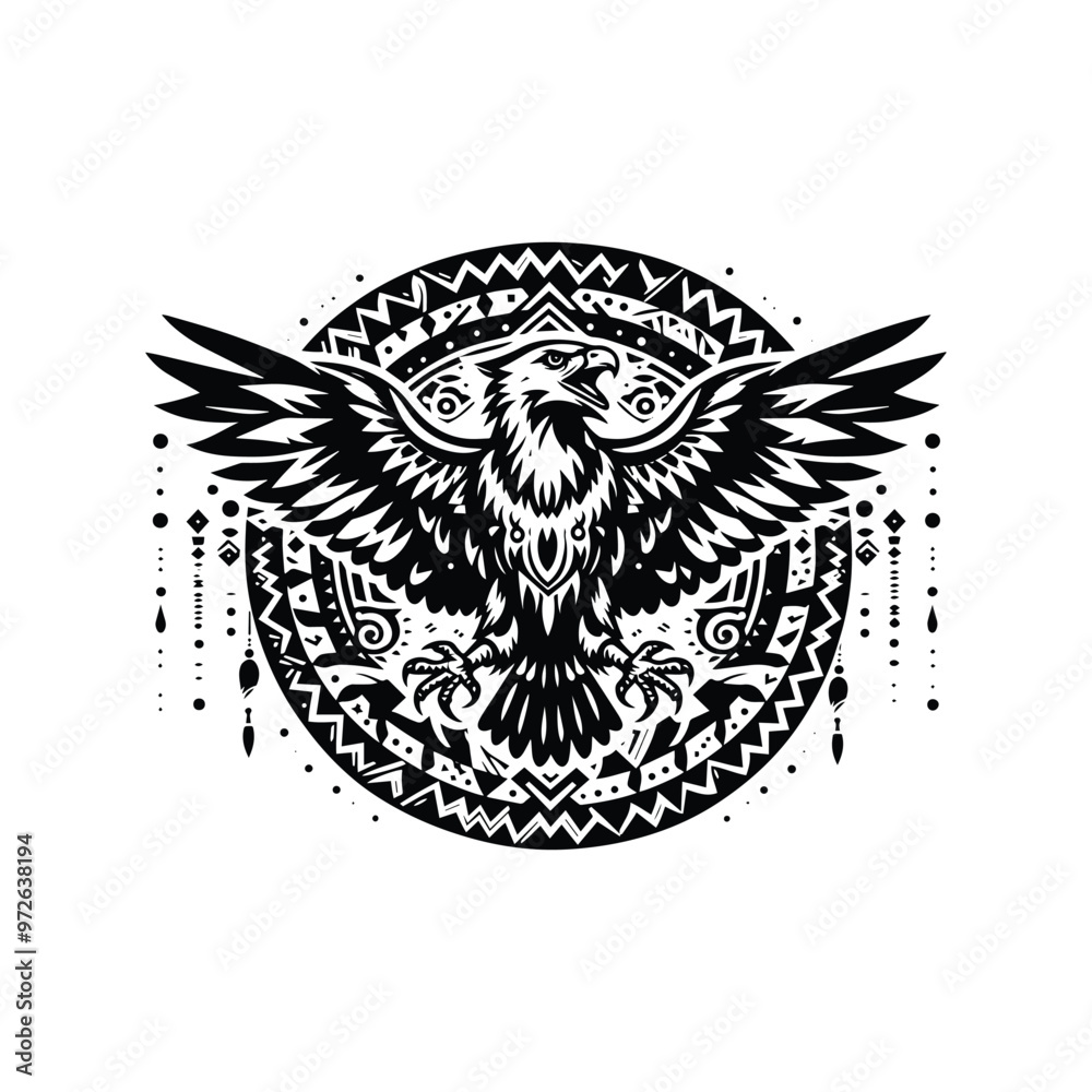 Hawk bird in bohemian black and white silhouette illustration