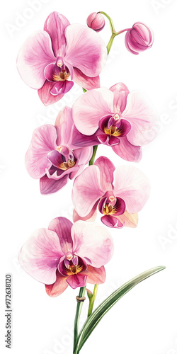 Watercolor painting of a pink orchid, a botanical illustration on a transparent background