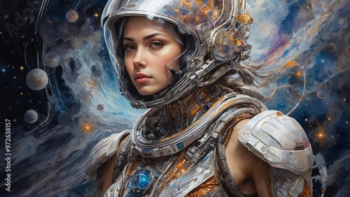 beautiful woman in astronaut suit with a planet in the background, space theme