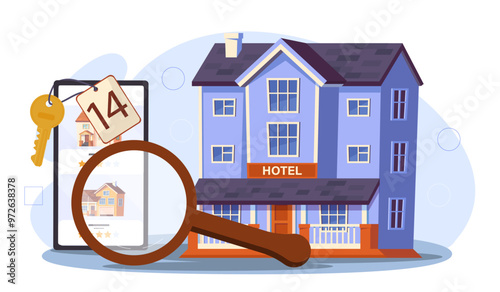 Search hotel concept. Magnifying glass near hotel building. Mobile application for travelers and tourists. Holiday and vacation. Flat vector illustration isolated on white background