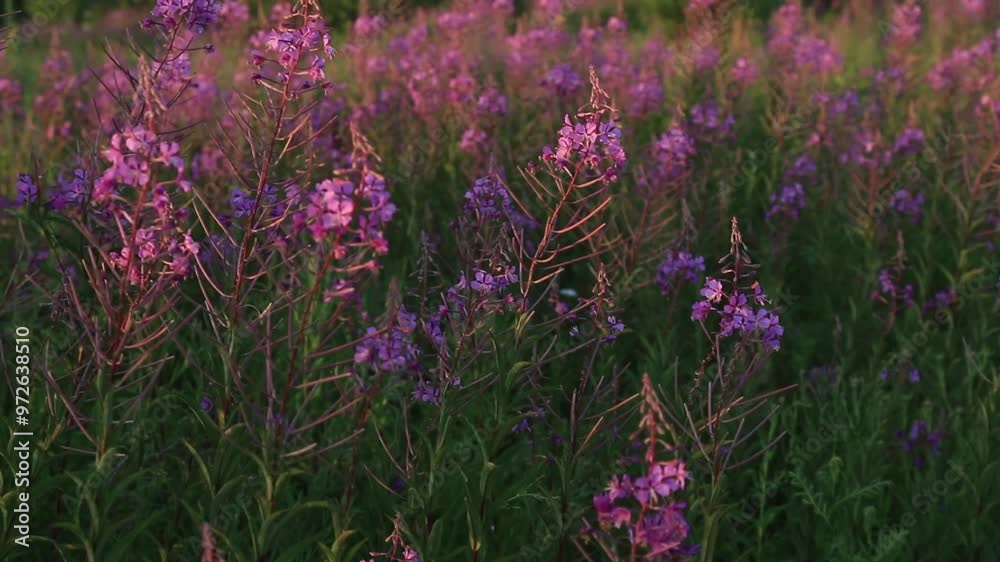 Pink flowers of the fireweed in a field at the sunset Pink flowers of the fireweed in a field at the sunset