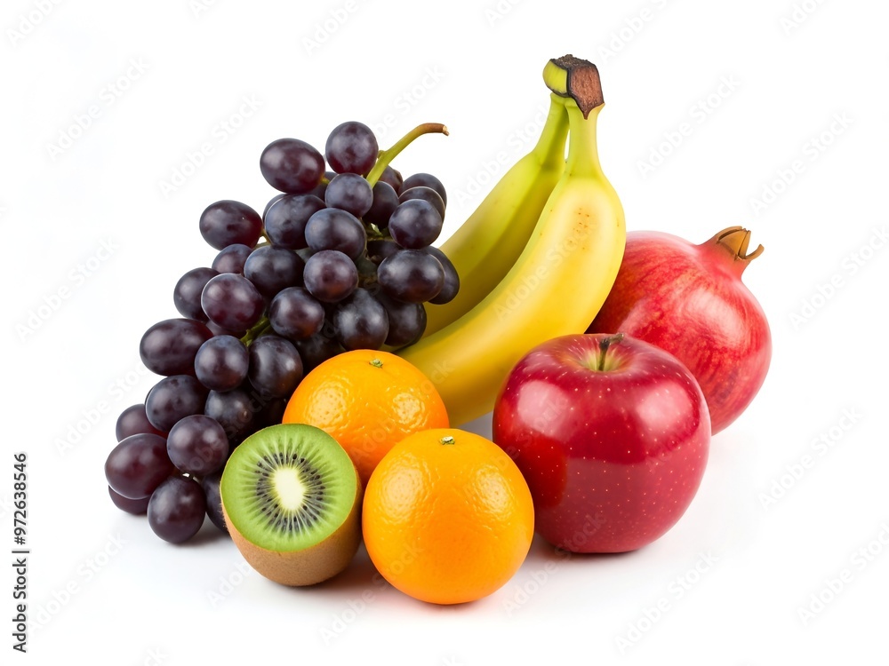 A variety of fruits including grapes, bananas, oranges, a kiwi, an apple, and a pomegranate against a white background. A variety of fruits including grapes, bananas, oranges, a kiwi, an apple, and a pomegranate against a white background.