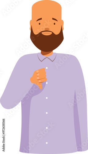 Sad bearded man with a shaved head wearing a purple shirt showing thumbs down disapproving gesture