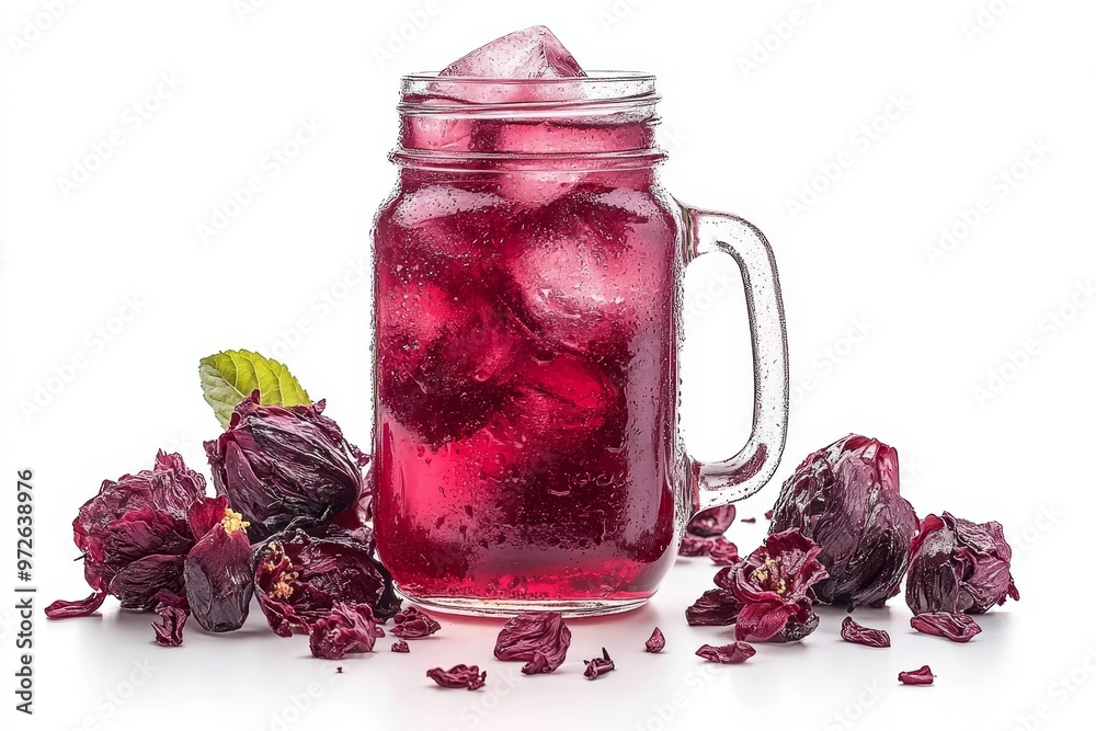 Refreshing Herbal Iced Tea in Mason Jar with Ice and Dried Flowers, Isolated on White Background. Refreshing Herbal Iced Tea in Mason Jar with Ice and Dried Flowers, Isolated on White Background.