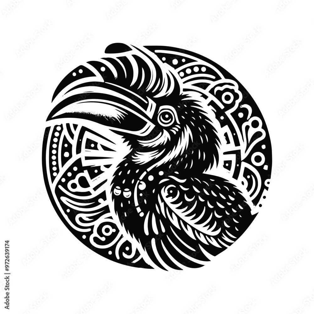 Hornbill bird in bohemian black and white silhouette illustration Hornbill bird in bohemian black and white silhouette illustration