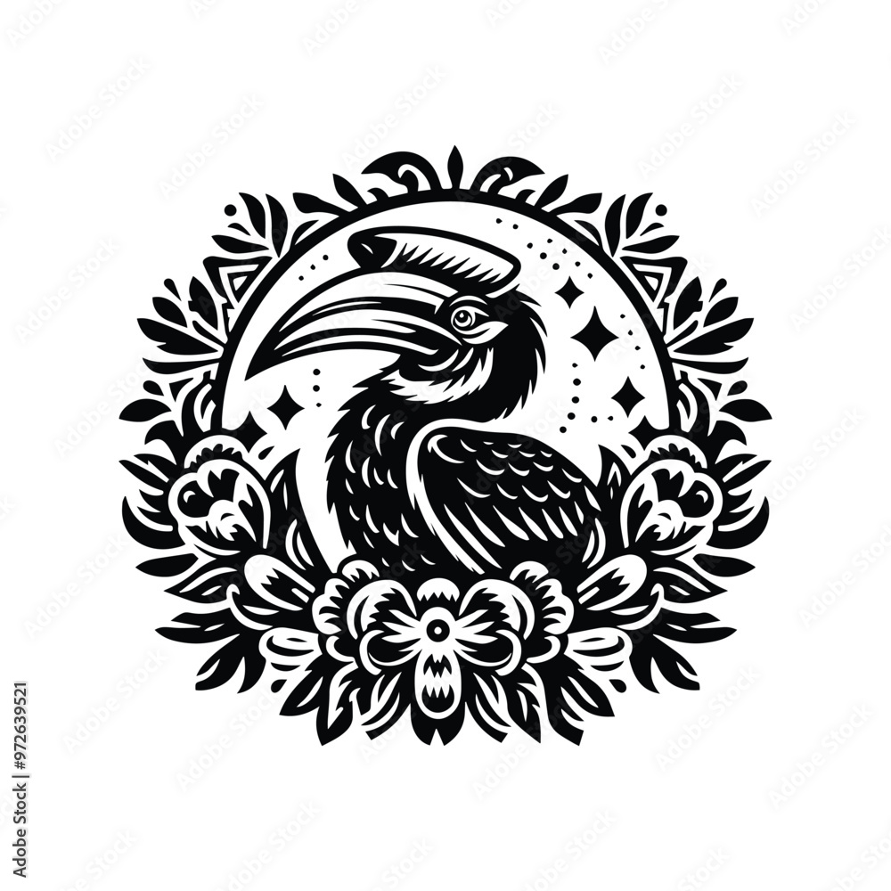 Fototapeta premium Hornbill bird in folk art black and white silhouette illustration