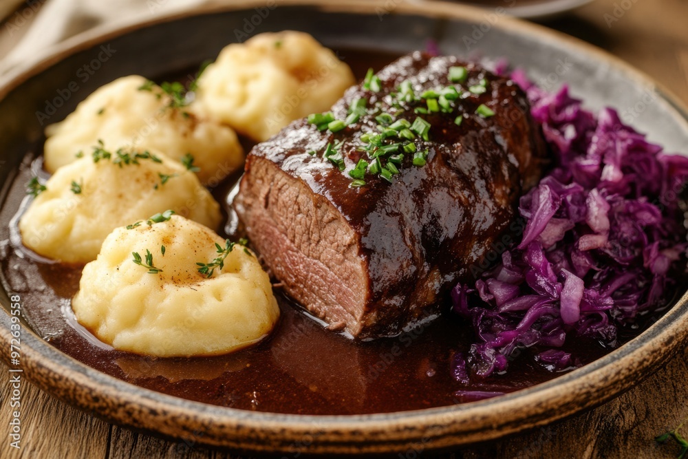 Sauerbraten, or German pot roast, served with red cabbage, potato dumplings, and a rich gravy Sauerbraten, or German pot roast, served with red cabbage, potato dumplings, and a rich gravy