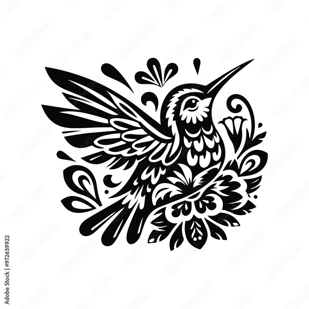 Fototapeta premium Hummingbird bird in folk art black and white silhouette illustration