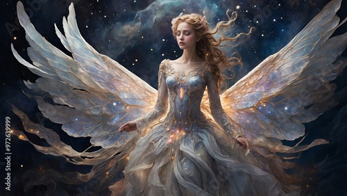 a young girl in a dark dress with a crown luminous ethereal spirit shimmering