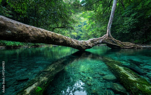 An enchanted forest with towering, magical trees whose roots form natural bridges over crystal-clear streams, surrounded by dense vegetation that shimmers with magical light photo