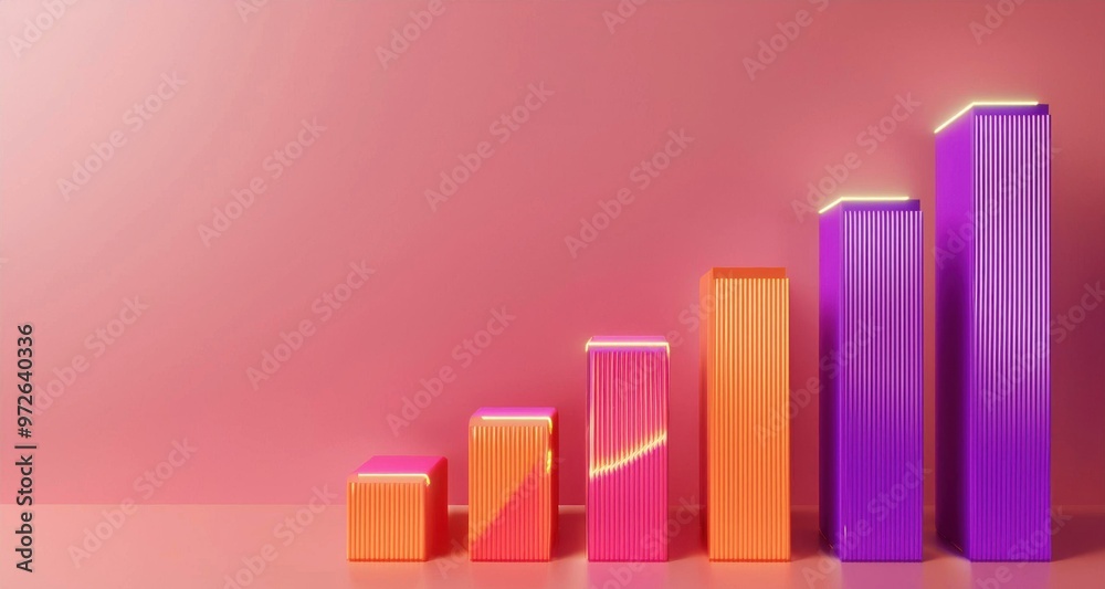 Colorful 3D bar chart with ascending gradient blocks on a pink background, perfect for representing growth, success, or data analysis concepts. Colorful 3D bar chart with ascending gradient blocks on a pink background, perfect for representing growth, success, or data analysis concepts.
