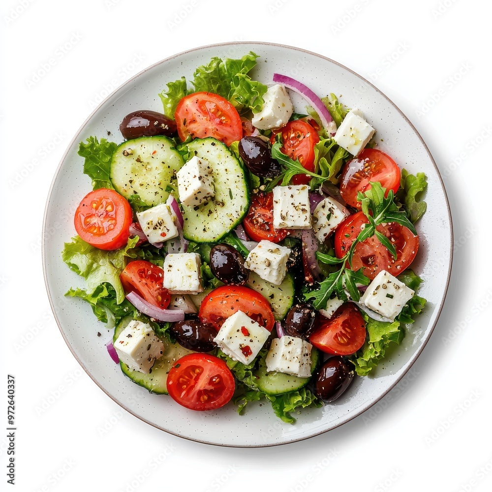Authentic Greek salad with feta cheese, tomatoes, cucumbers, olives, red onion, and oregano dressing, Ai Generation Authentic Greek salad with feta cheese, tomatoes, cucumbers, olives, red onion, and oregano dressing, Ai Generation