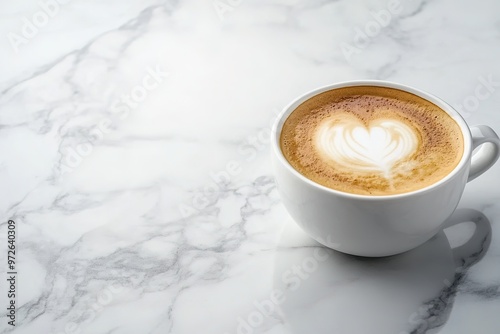 Cup of cappuccino with heart-shaped foam on marble surface photo