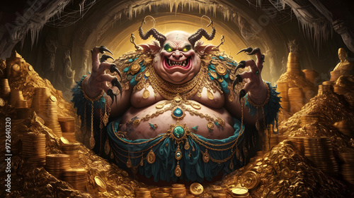 Mammon, Demon of Greed, Surrounded by Treasure in a Dark Cavern