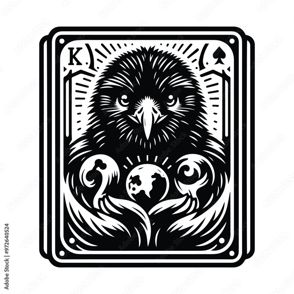 Kiwi bird in Tarot card black and white silhouette illustration Kiwi bird in Tarot card black and white silhouette illustration