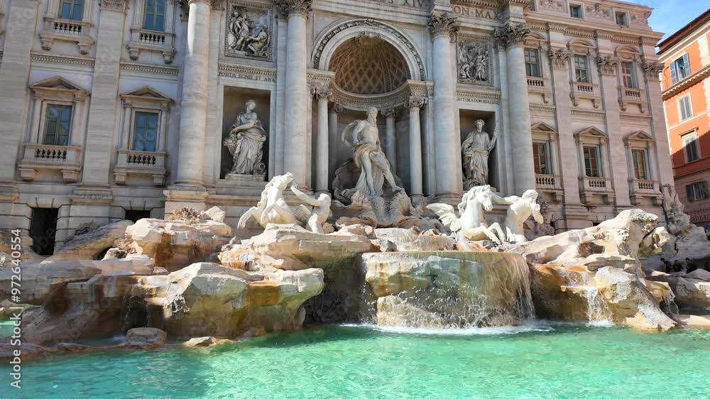 Full View of Trevi Fountain with Mythological Sculptures and Tourists in Rome. Full View of Trevi Fountain with Mythological Sculptures and Tourists in Rome.