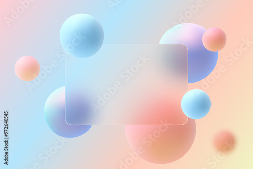 Website landing page template . Glass transparent banner and floating spheres.