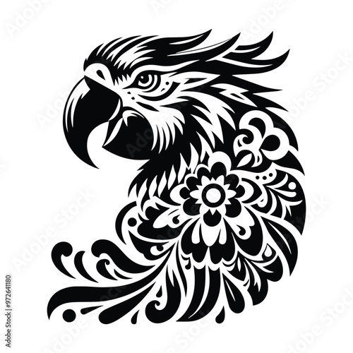 Macaw bird in folk art black and white silhouette illustration